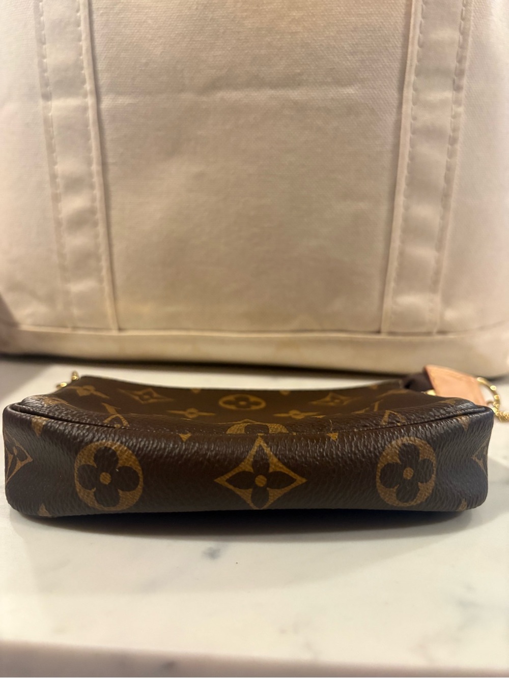 Authentic Louis Vuitton Brown Monogram Canvas Mini Pochette with Gold Chain - Picture 3 of 6